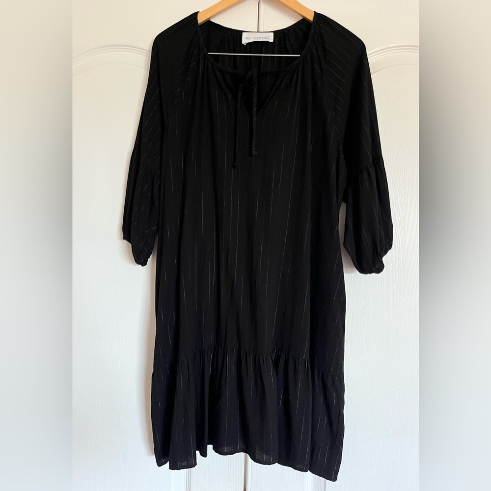 Anthropologie Self Contrast Black Metallic Pinstripes dress M